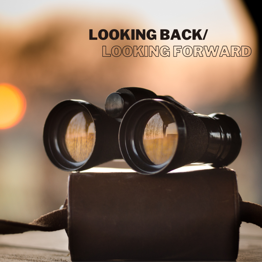 Binoculars with title: Looking Back / Looking Forward